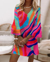 Bell Sleeve Multicolor Print Dress