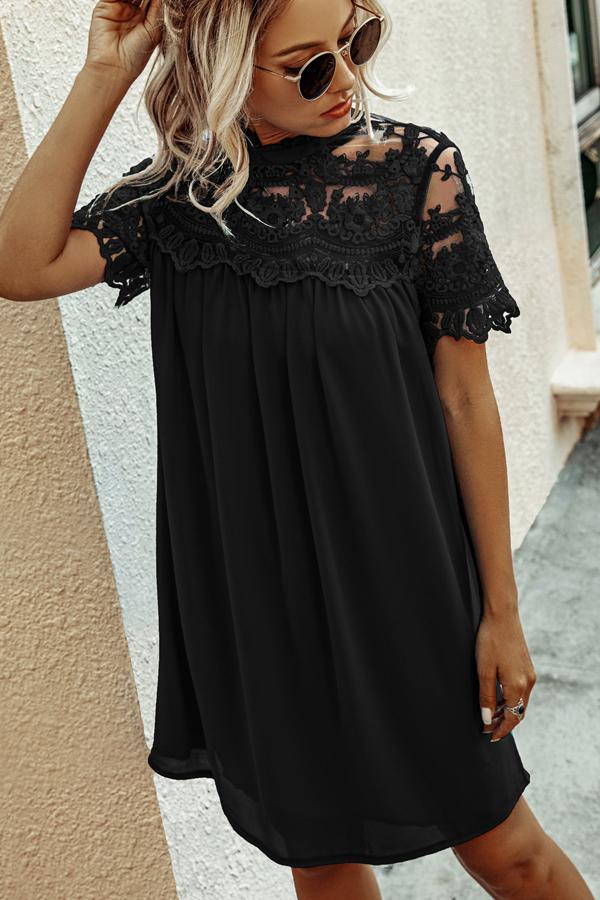 Chiffon Lace Solid Color Mini Dress