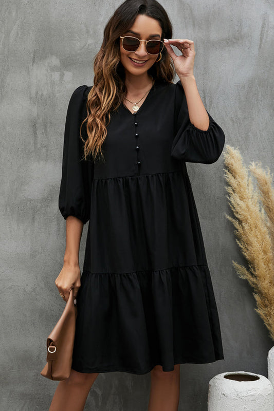 Solid Color V Neck Button Up Dress