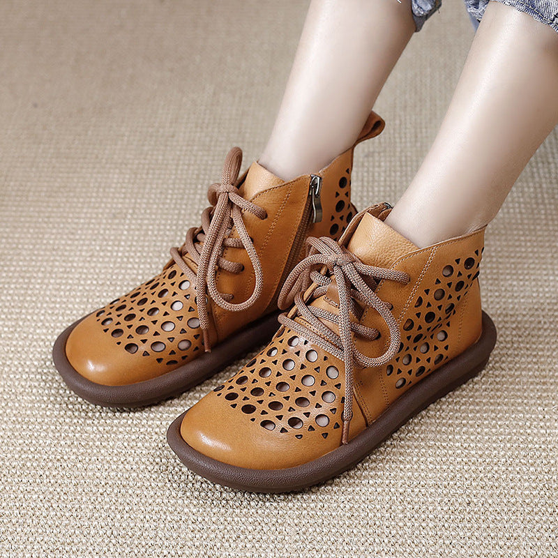 Womens Handmade Cut Out Leather Ankle Boots For Summer Lace Up in Coffee/Golden