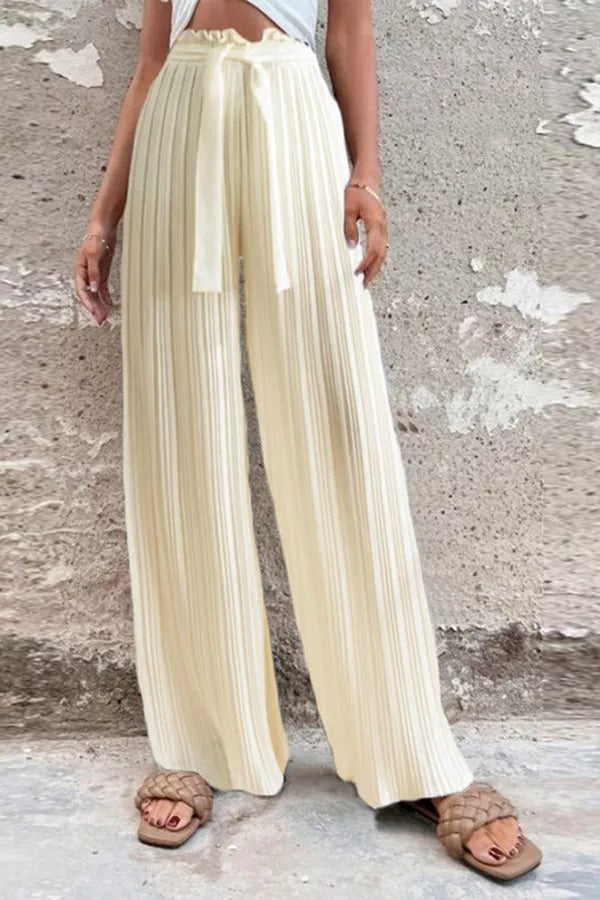 Cali Satin Belt Pleated Wide Leg Pants