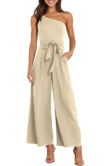 Solid color straight-through pants strapless jumpsuit