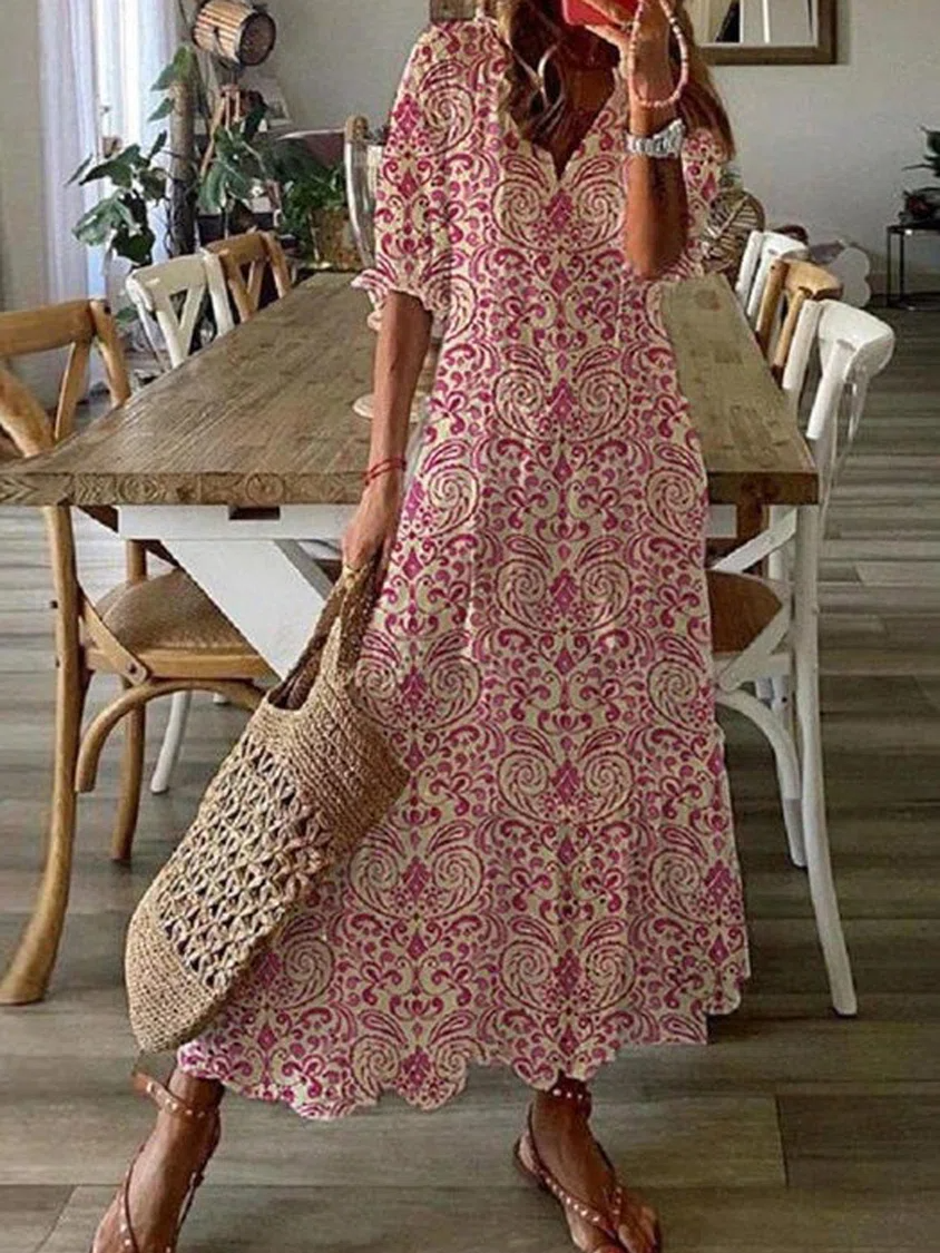 Boho V Neck Tribal Pink Floral Short Sleeve Maxi Dress