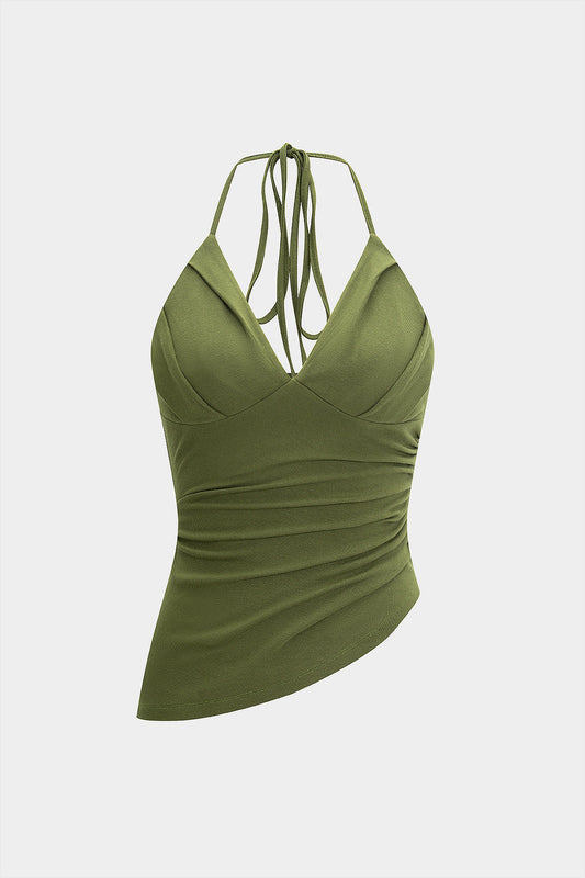 V-Neck Halter Neck Tie-Up Ruched Asymmetrical Cami Top