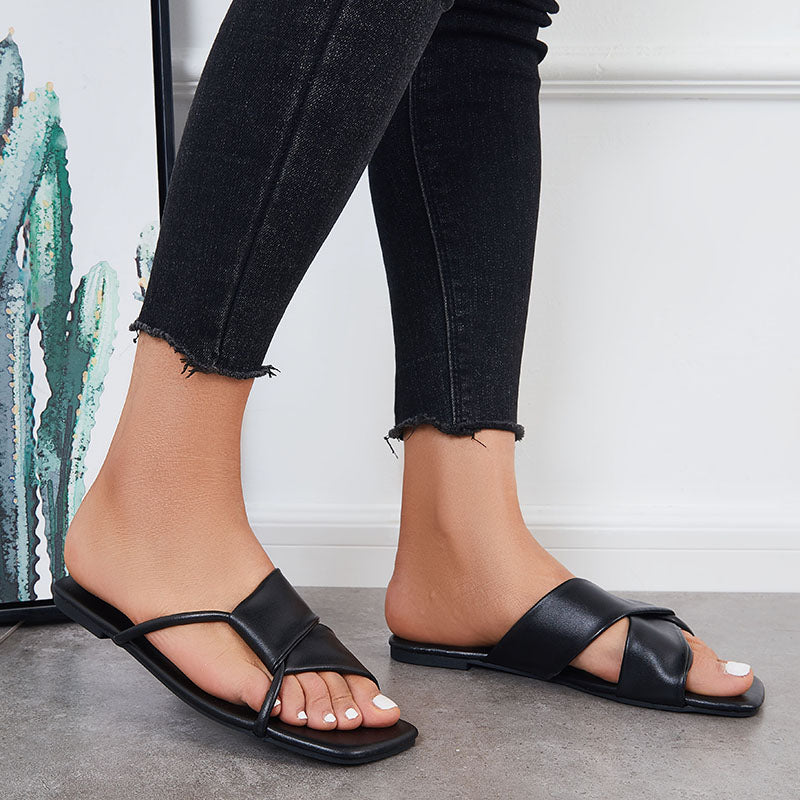 Criss Cross Slide Sandals Casual Square Toe Flat Slippers