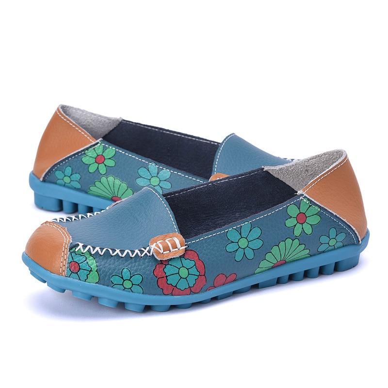 Fashion Ballet Summer Flower Print Shoes Genuine Leathe Loafers Ladies Flats Shoes