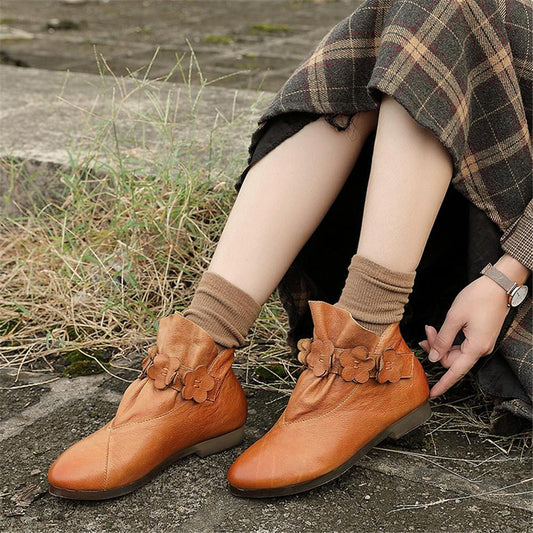 Leather Work Combat Boots Handmade Women Boots With Flowers Chelsea Boots Oil-Wax