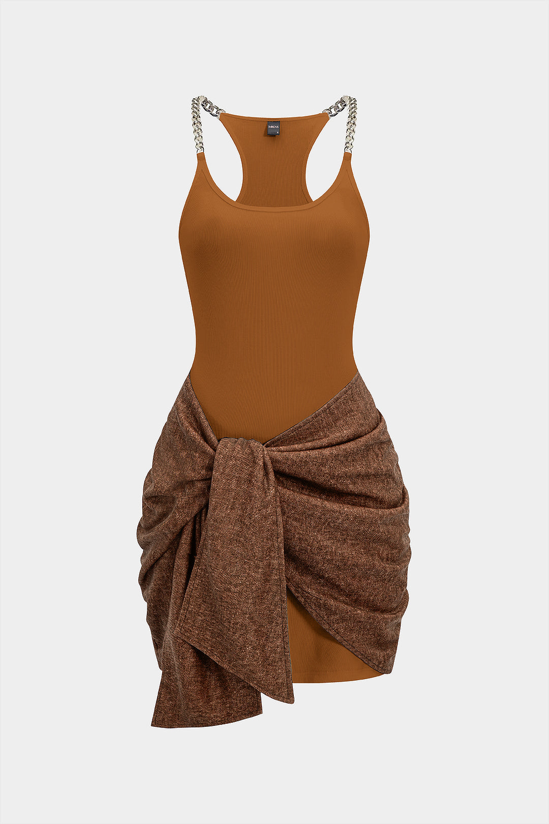 Tie Front Ruched Metallic Chain Patchwork Sleeveless Mini Dress