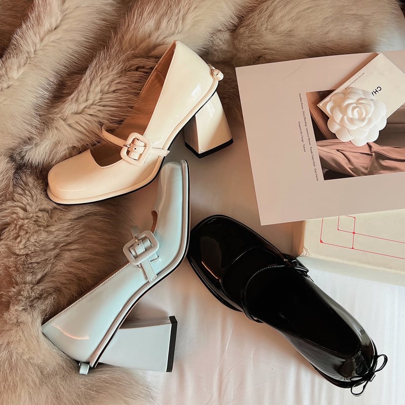 Valeria Square Toe Block Heels Mary Jane Shoes