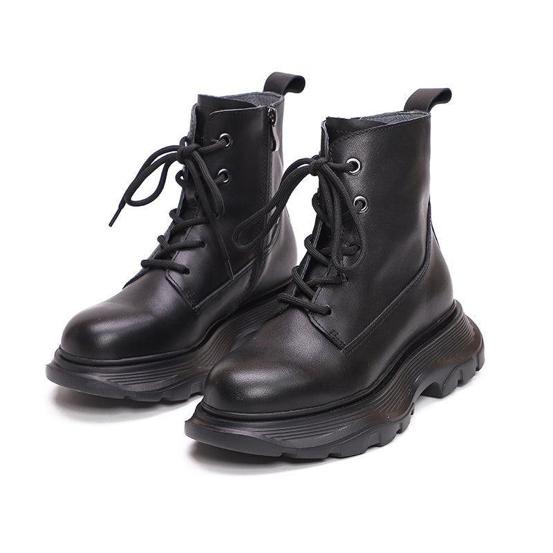 Winter Boots Handmade Genuine Leather Lace-Up Combat Boots Retro Chunky Platform Boots Black/ Coffee