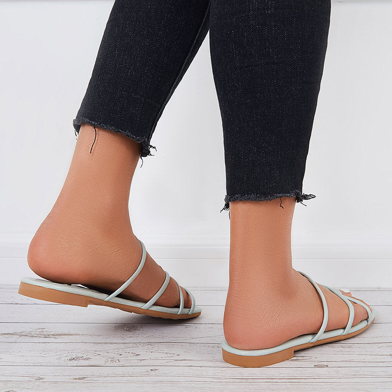 Square Open Toe Loop Slide Sandals Flat Beach Slippers