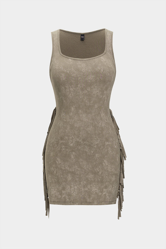 Square Neck Sleeveless Fringe Trim Mini Dress