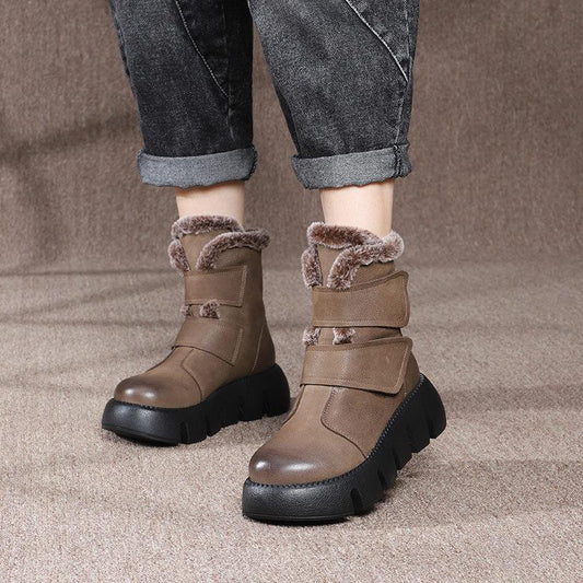 Winter Boots Plush Warm Genuine Leather Hook & Loop Round Toe 2021 New Handmade Ankle Platform Boots