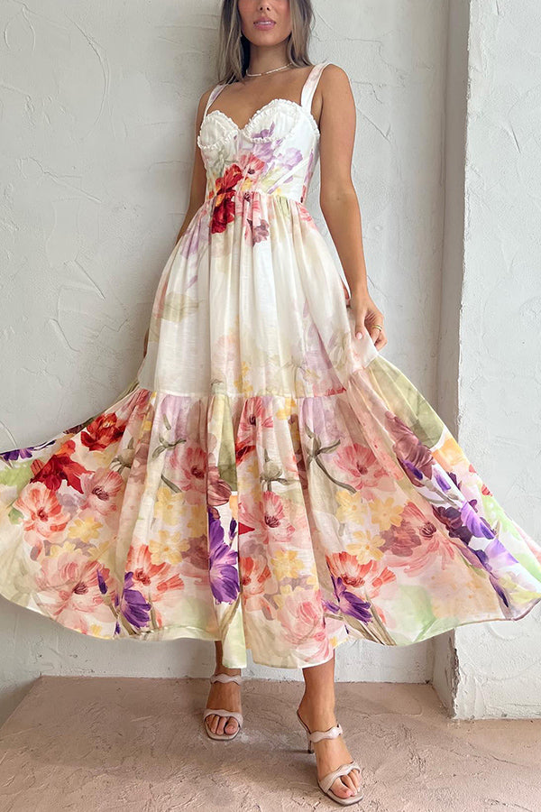 Romantic Date Floral Ruffle Detail Pocketed Corset Maxi Formal / Vacation Dress