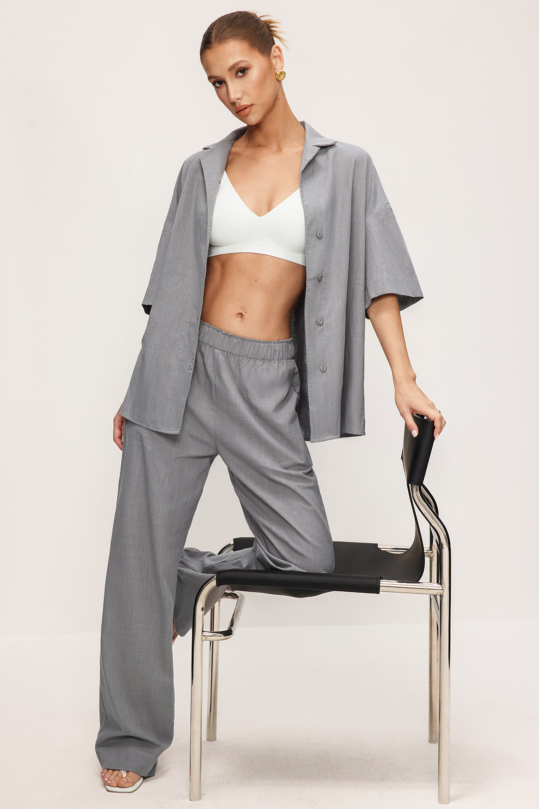 Tie Front Buttoned Shirt And High Waist Trousers Set