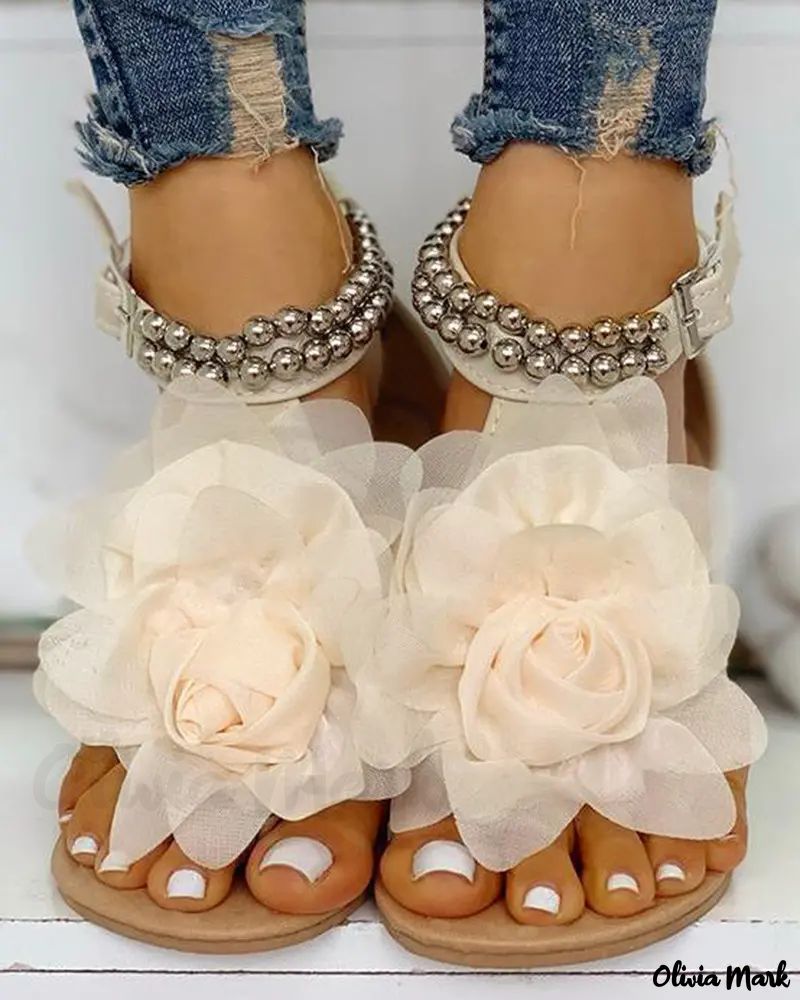 Mesh Flower Embellished Beaded Flat Sandals