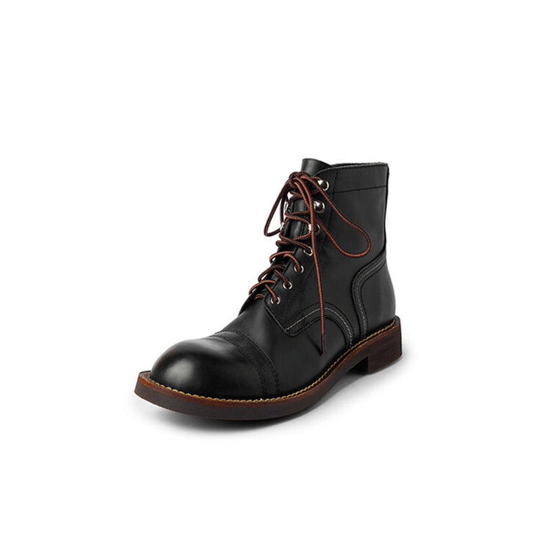 Handmade Leather Derby Boots Biker Boots Lace-Up Combat Boots Chunky Ankle Boots