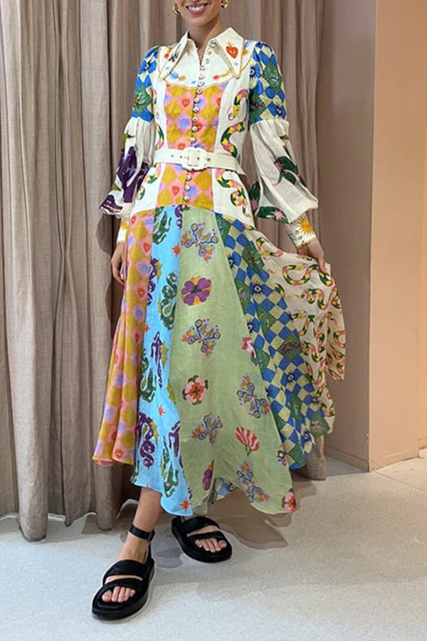 Bold and Chic Irregular Unique Print Balloon Sleeve Belt Shirt Midi Dress