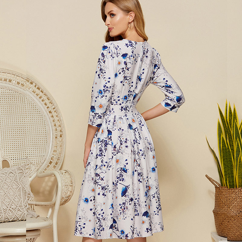 Elegant Printed Crewneck Midi Dress
