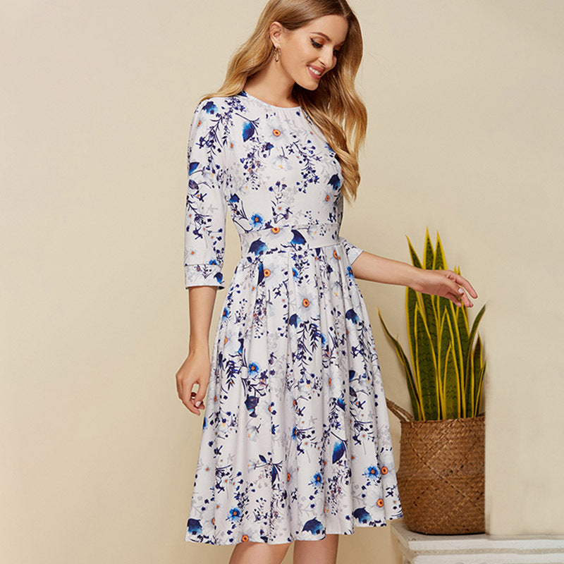 Elegant Printed Crewneck Midi Dress