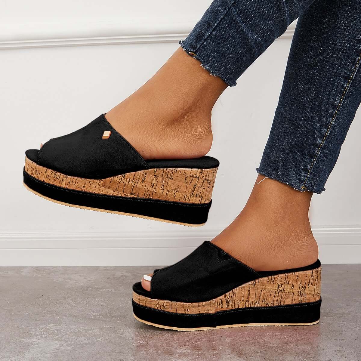 Comfortable Cork Footbed Slip-on Sandals Platform Wedge Slippers