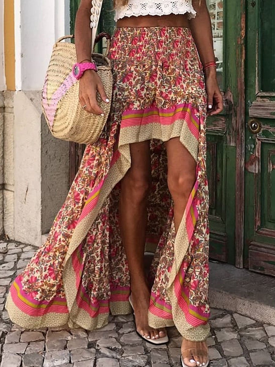 V Neck Red Beach Floral-Print Boho Maxi Dress