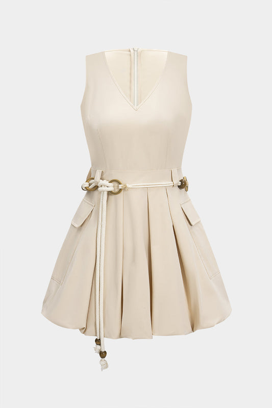 V-Neck Belted Sleeveless Mini Dress