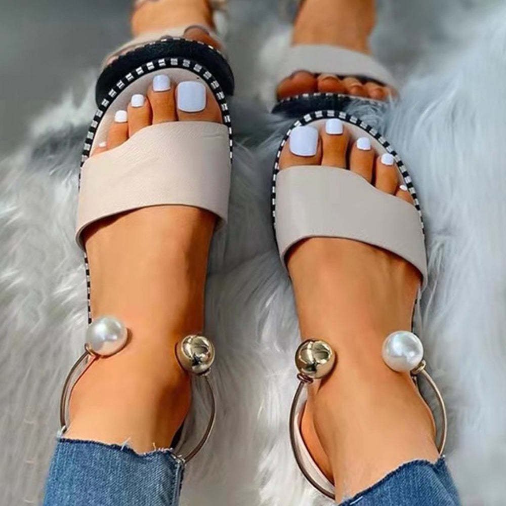 Fashion Casual Open Toe Pearl Decor Flat Sandals