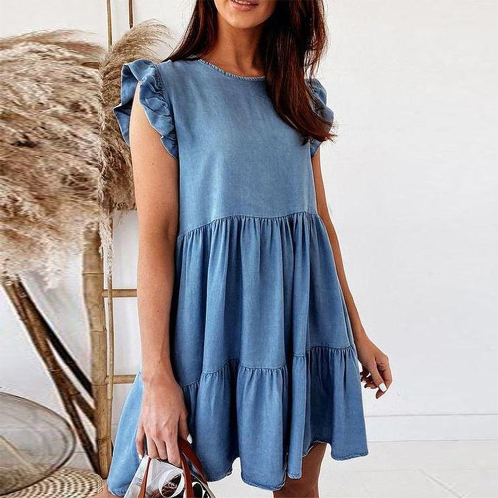 Blue Plain Round Neck Sleeveless Mini Dress