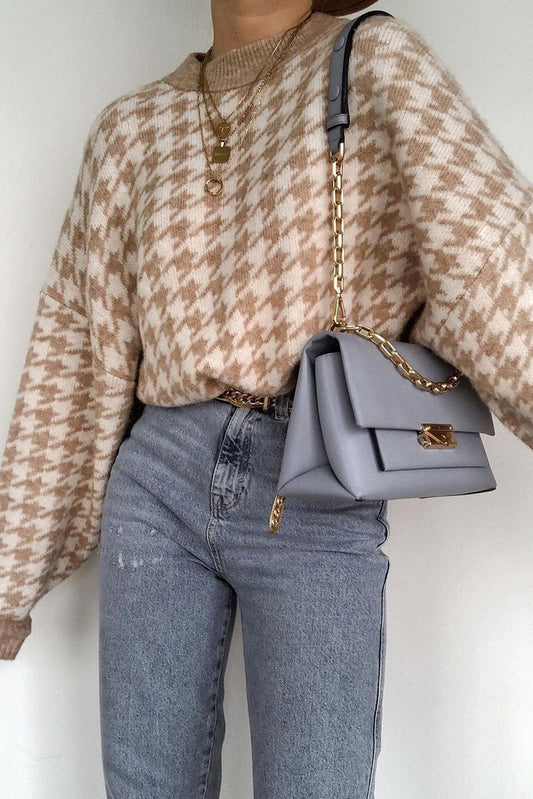 Geometric Houndstooth  Khaki Knitted Sweater