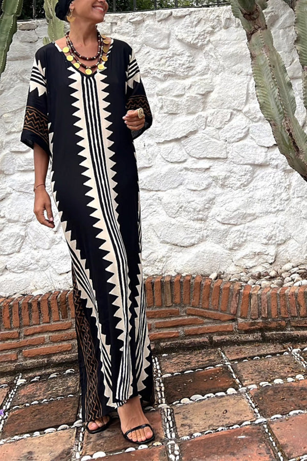 Coastal Calm Ethnic Print Half Sleeve Relaxed Vacation Maxi Dress