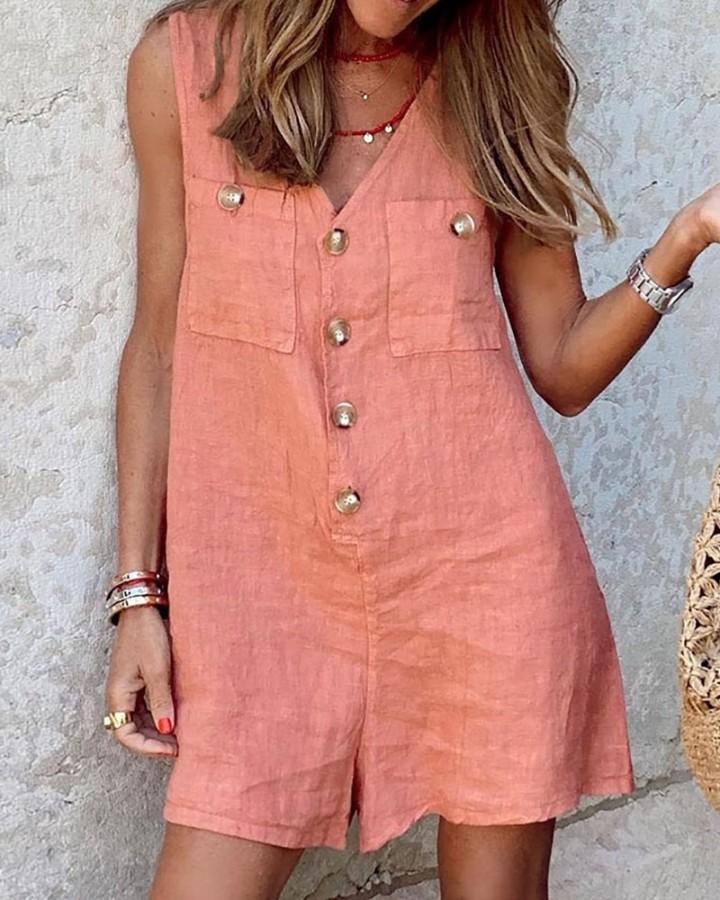 V-neck button patch tank top Rompers