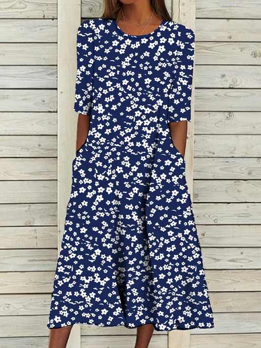 Round Neck Floral Casual Midi Dresses