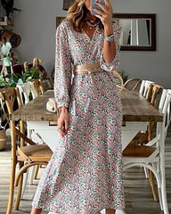 Vintage Long Sleeve V-Neck Print Maxi Dress