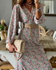 Vintage Long Sleeve V-Neck Print Maxi Dress