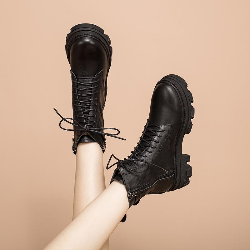 Fashion Cowhide Combat Boots Designer Retro Chunky Riding Boots Side Zip Black Matte / Black Smooth / Black Litchi