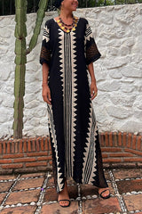 Coastal Calm Ethnic Print Half Sleeve Relaxed Vacation Maxi Dress