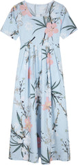 Baby Blue Floral Print Pleated Side Pocket Midi Dress