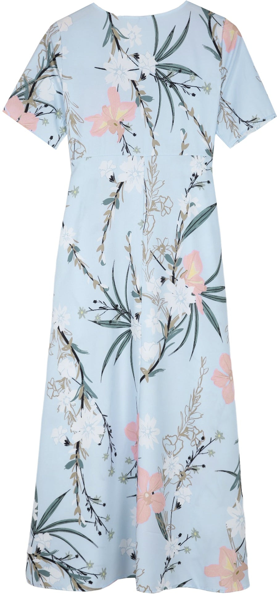 Baby Blue Floral Print Pleated Side Pocket Midi Dress