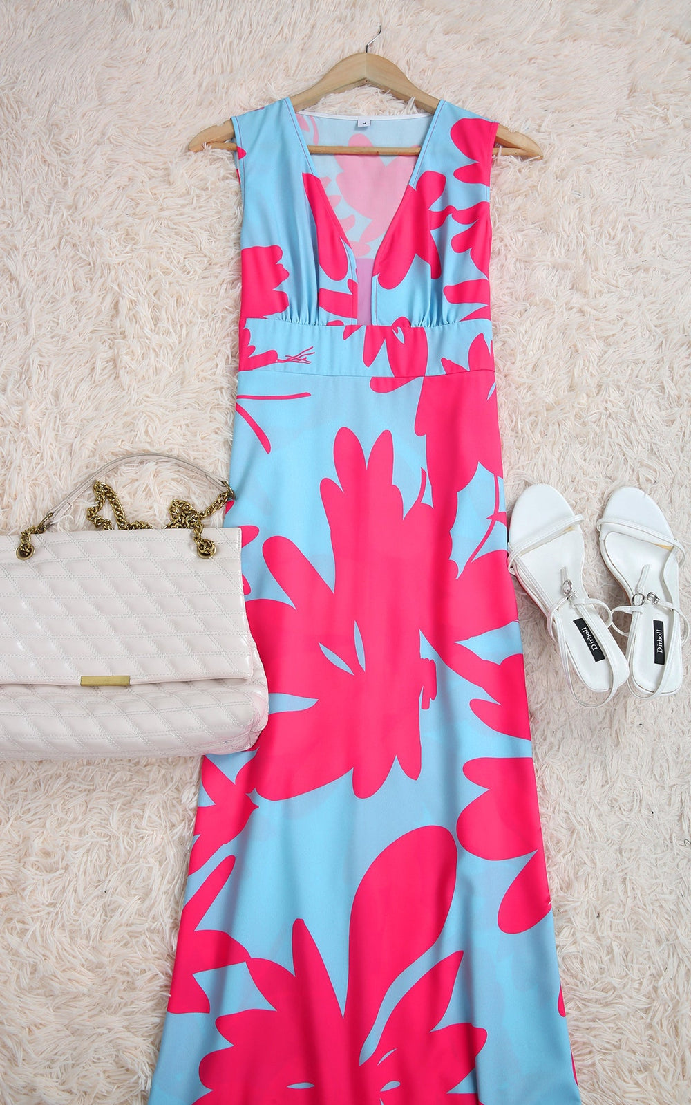 Sleeveless Magenta Floral Aqua Maxi Dress