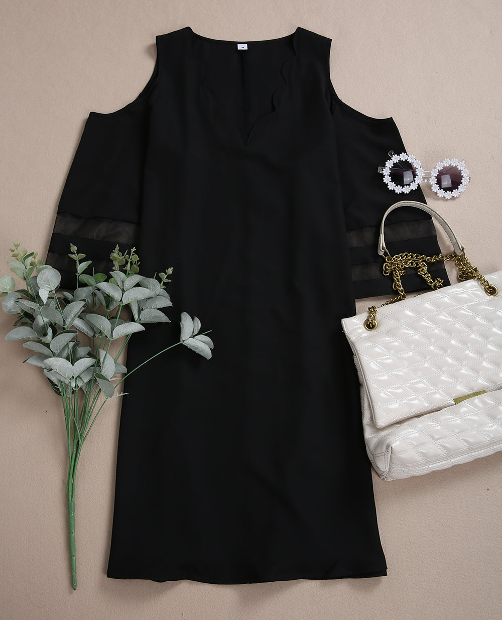 Contrast Mesh Scallop Trim Cold Shoulder Casual Dress