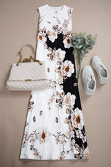 Black and White Color Block Floral Print Maxi Dress