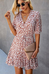 Drawstring Waist Dots Print Short Sleeve Mini Dress