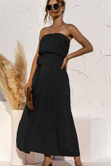 Solid Color Tie Waist Tube Maxi Dress