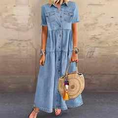 Blue Short Sleeve Plain Maxi Dress