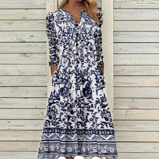Trendy 3/4 Sleeve Print Midi Dress