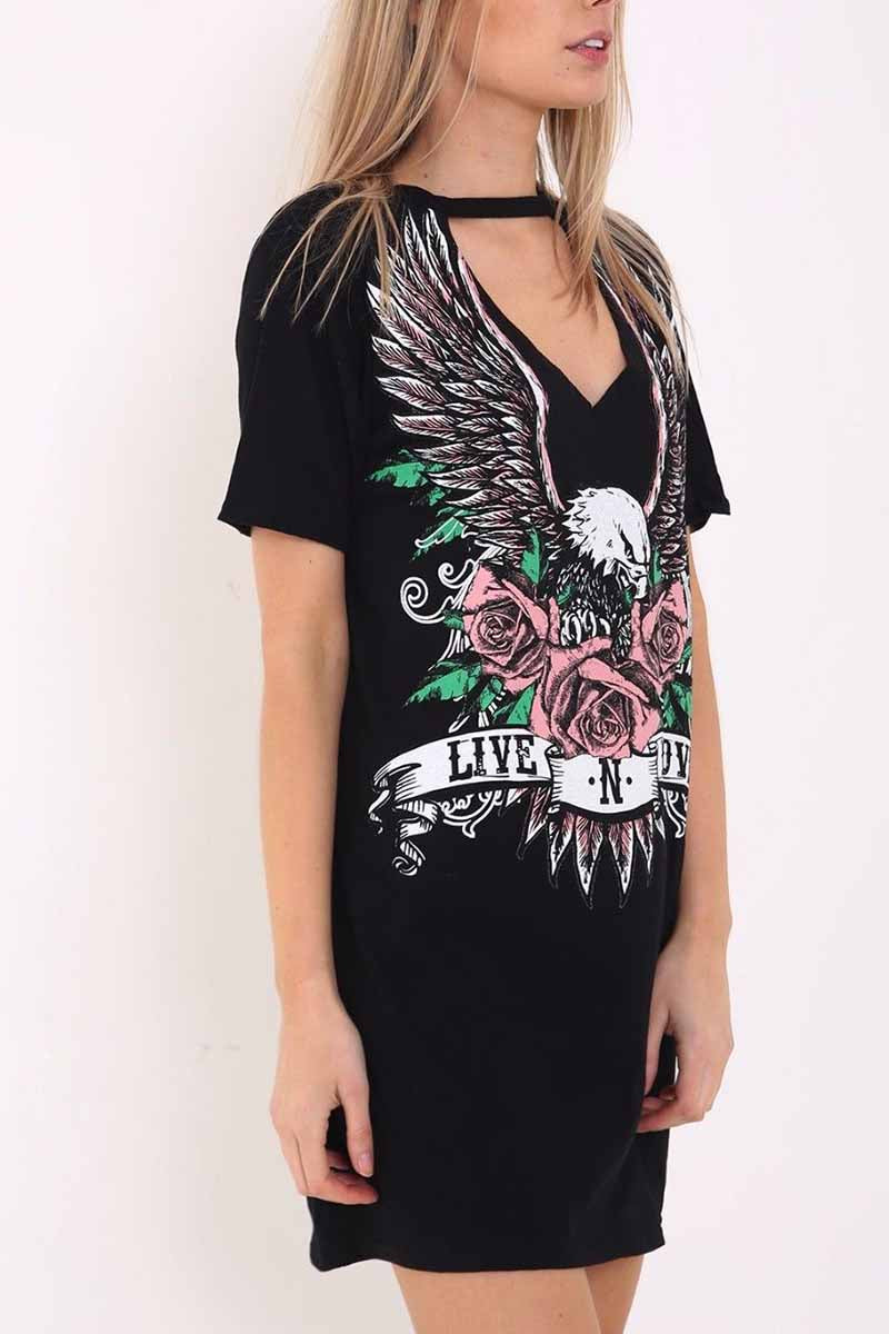 Women's Choker Cutout V-Neck Eagle Printed Short Sleeve Mini T-Shirt Dress