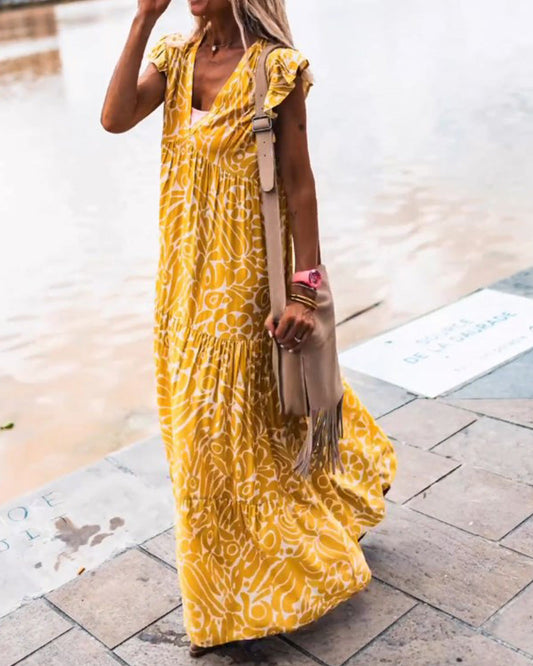 Printed ruffle casual dress