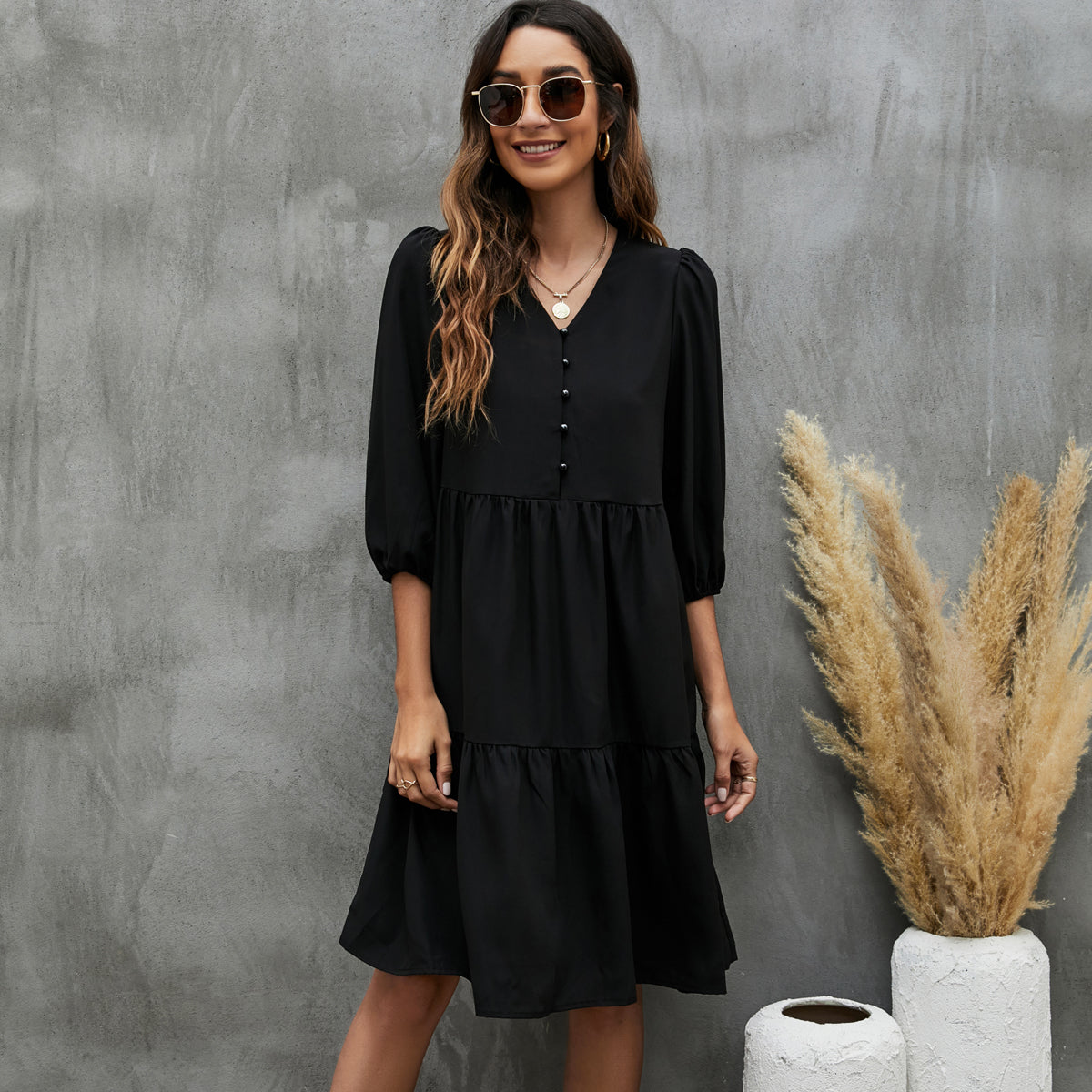 Solid Color V Neck Button Up Dress