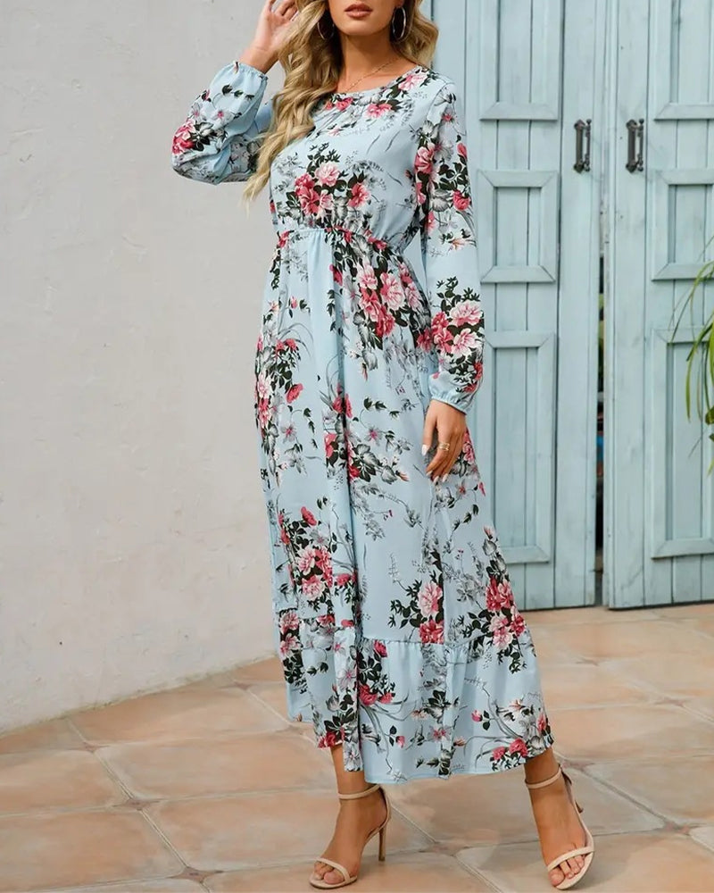 Elegant floral print round neck dress